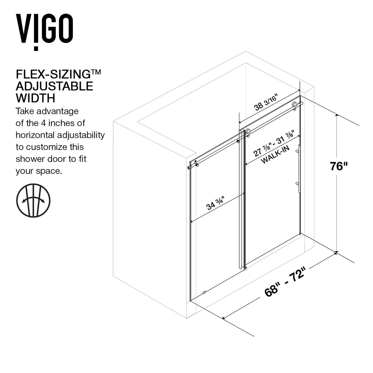 VIGO Adjustable 68-72" W x 76" H Elan E-Class Frameless Sliding Rectangle Shower Door with Clear Tempered Glass, Reversible Door Handle and Stainless Steel Hardware in Matte Black-VG6021MBCL7276