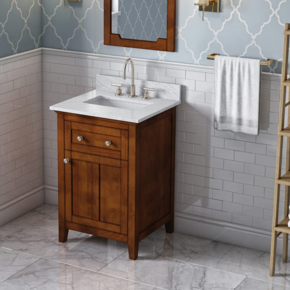 Jeffrey Alexander VKITCHA24CHWCR 24" Chocolate Chatham Vanity, White Carrara Marble Vanity Top, undermount rectangle bowl