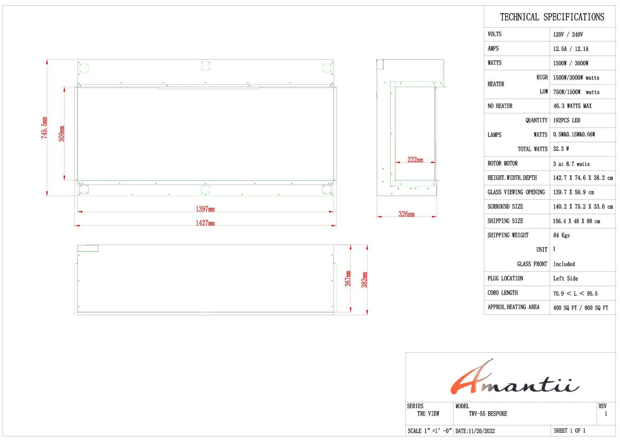 Amantii TRV-55-BESPOKE Tru View Bespoke - 55" Indoor / Outdoor 3 Sided Electric Fireplace Featuring a 20" Height, WiFi Compatibility, Bluetooth Connectivity, Multi Function Remote, and a Selection of Media Options