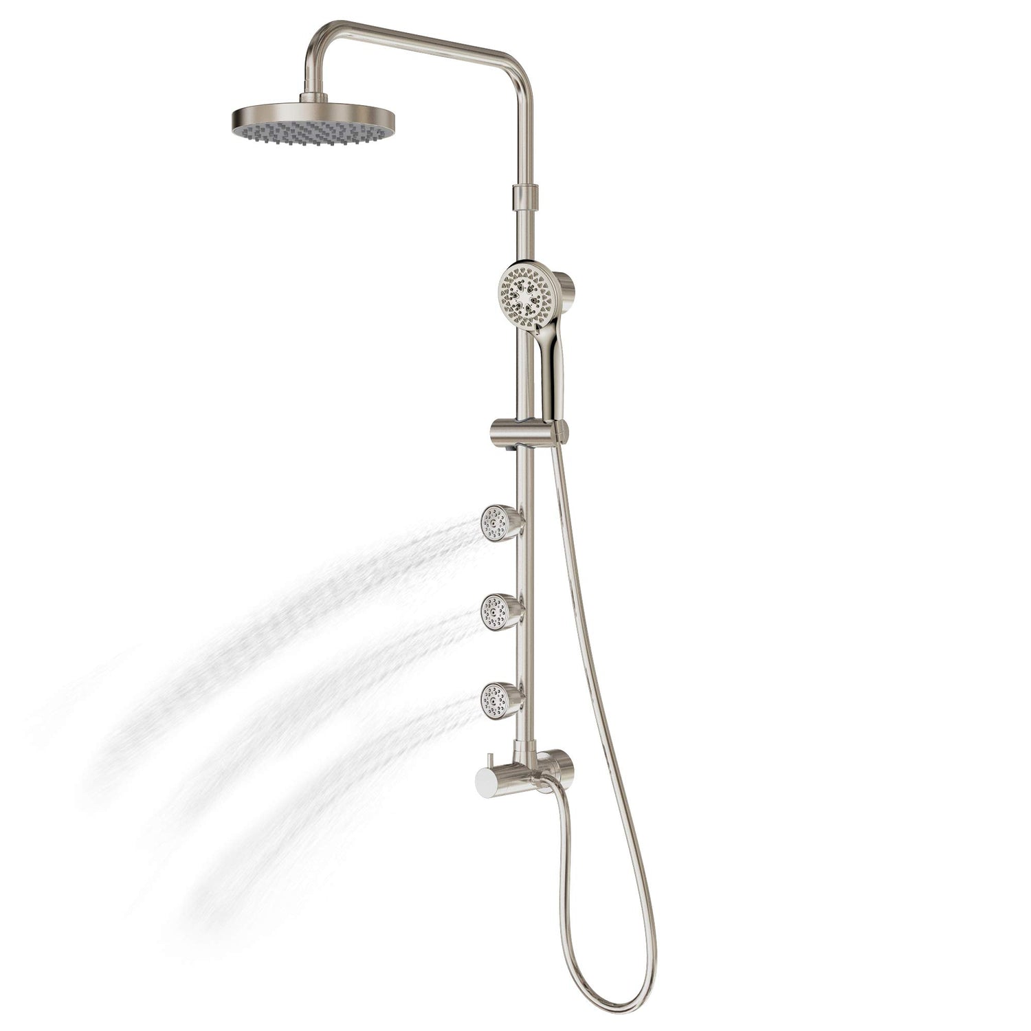 PULSE ShowerSpas 1028-BN-1.8GPM Lanikai Shower System with 8" Rain Showerhead, 3 Dual-Function Body Spray Jets, 5-Function Hand Shower, Brushed Nickel, 1.8 GPM