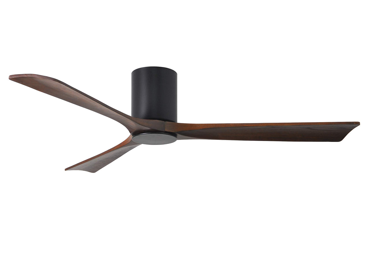 Matthews Fan IR3HLK-BK-WA-60 Irene-3HLK three-blade flush mount paddle fan in Matte Black finish with 60” solid walnut tone blades and integrated LED light kit.