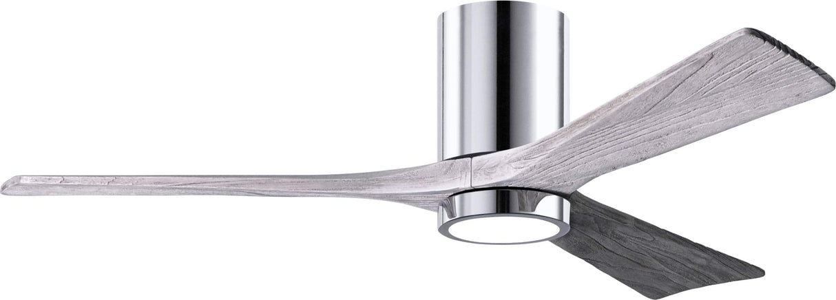 Matthews Fan IR3HLK-CR-BW-52 Irene-3HLK three-blade flush mount paddle fan in Polished Chrome finish with 52” solid barn wood tone blades and integrated LED light kit.