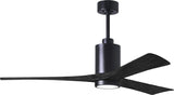 Matthews Fan PA3-BK-BK-60 Patricia-3 three-blade ceiling fan in Matte Black finish with 60” solid matte black wood blades and dimmable LED light kit 