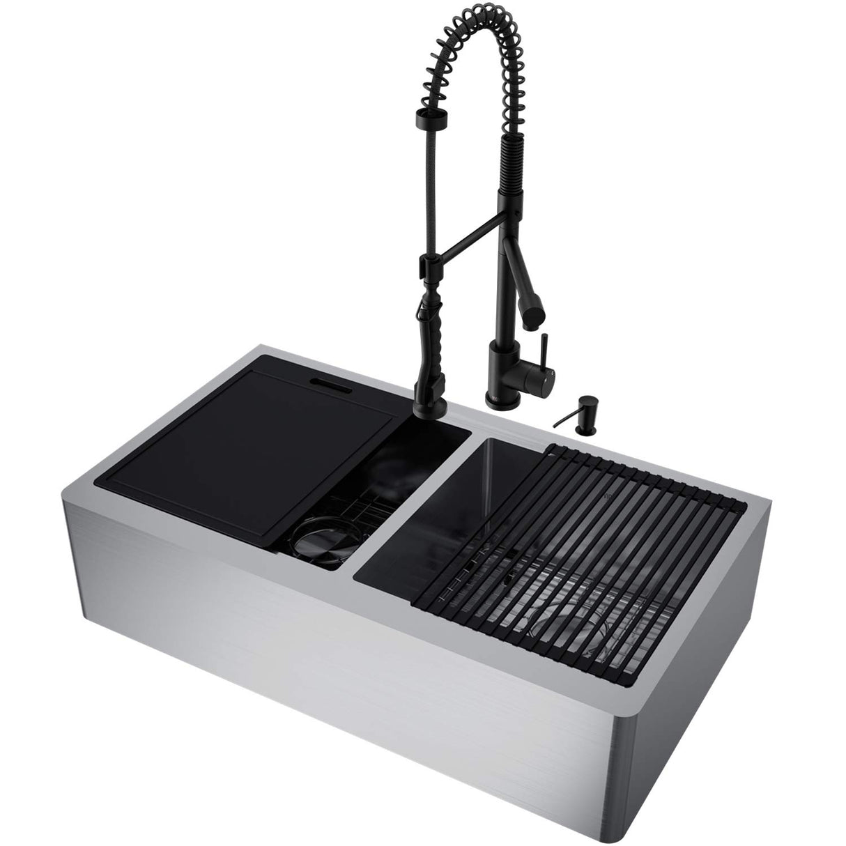 VIGO VG15929 20.5" L -36.0" W -27.25" H Stainless Steel Double-Bowl Farmhouse Kitchen Sink Set with Matte Black Faucet, Soap Dispenser, Cutting Board, Grids and Strainers
