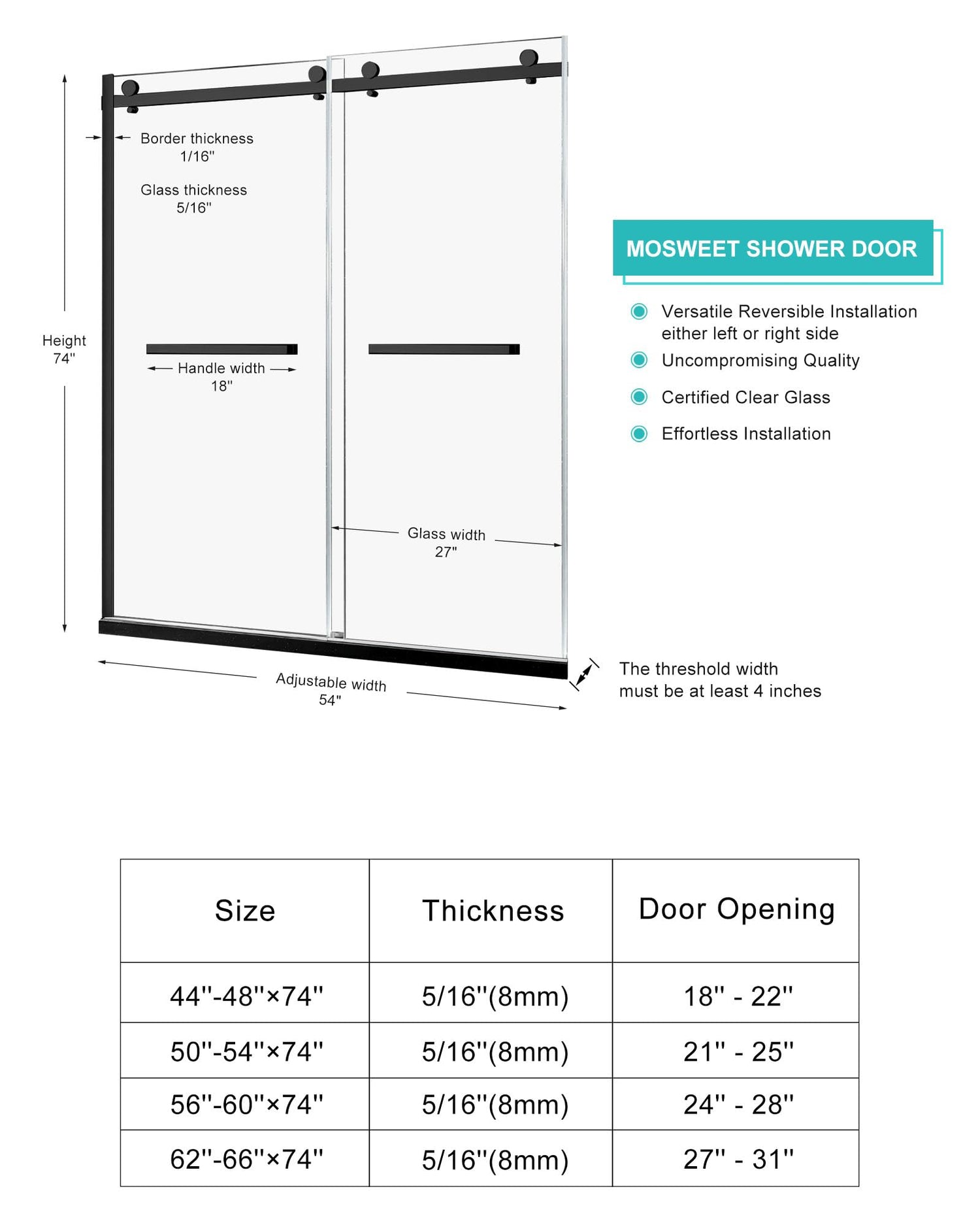 Milano Double Sliding Shower Door, 60 in.W x 74 in.H Framed Shower Door 5/16"(8mm) Clear Tempered Glass, 18 inch Pull Handle, Stainless Steel Hardware, Matte Black Finished