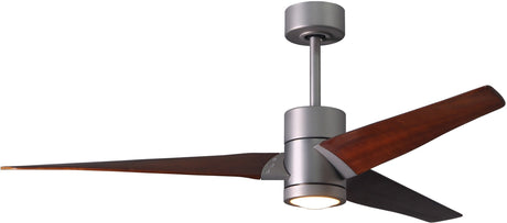 Matthews Fan SJ-BN-WN-60 Super Janet three-blade ceiling fan in Brushed Nickel finish with 60” solid walnut tone blades and dimmable LED light kit 