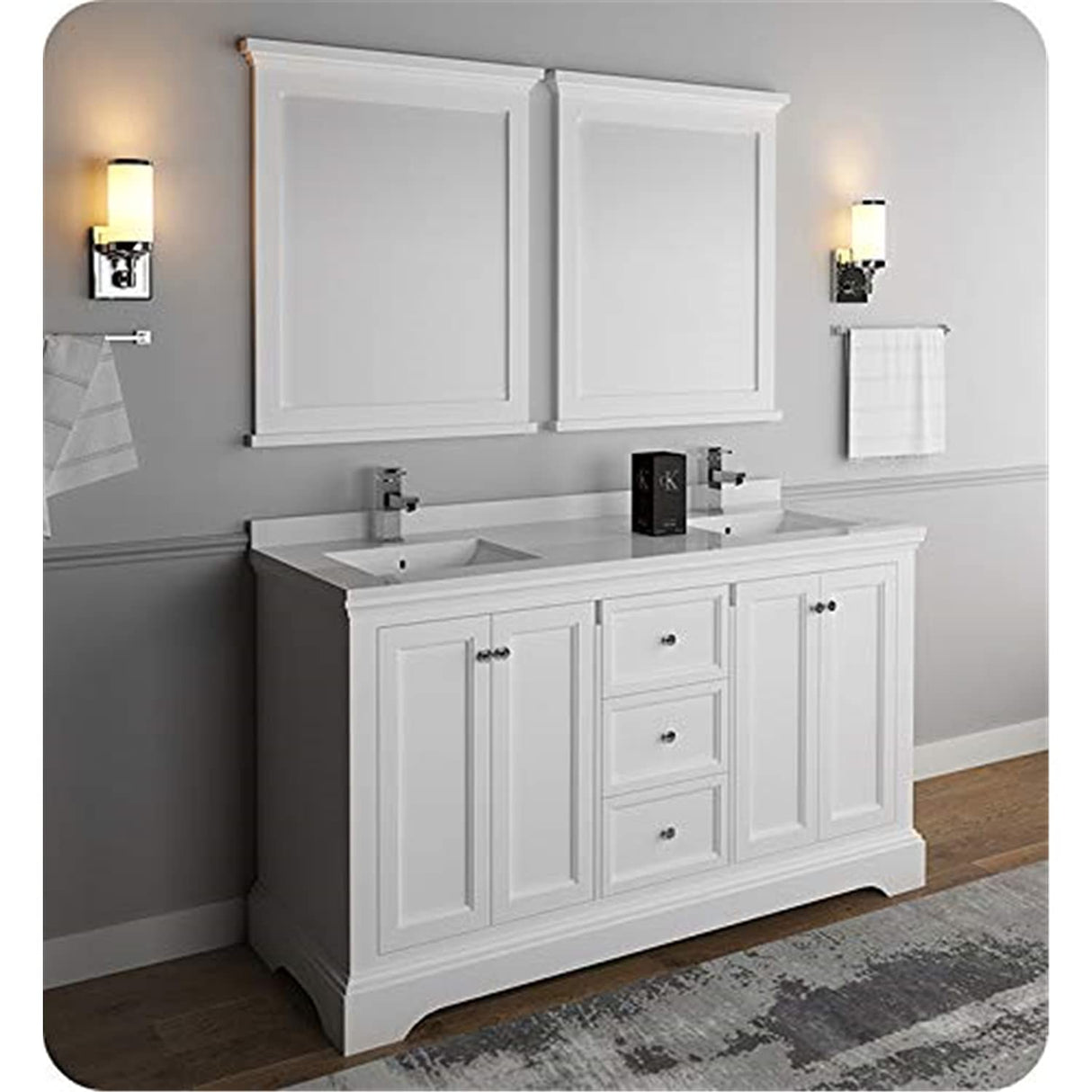 Fresca FVN2460WHM Fresca Windsor 60" Matte White Traditional Double Sink Bathroom Vanity w/ Mirrors