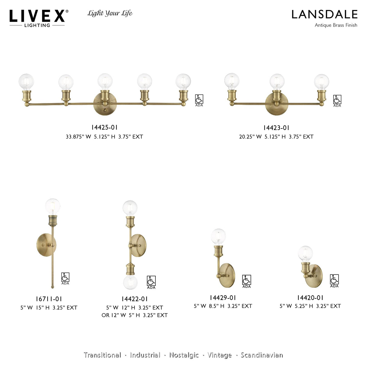 Livex Lighting 14429-01 Lansdale 1 Light ADA Vanity Sconce, Antique Brass