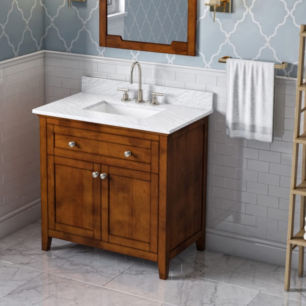 Jeffrey Alexander VKITCHA36CHWCR 36" Chocolate Chatham Vanity, White Carrara Marble Vanity Top, undermount rectangle bowl