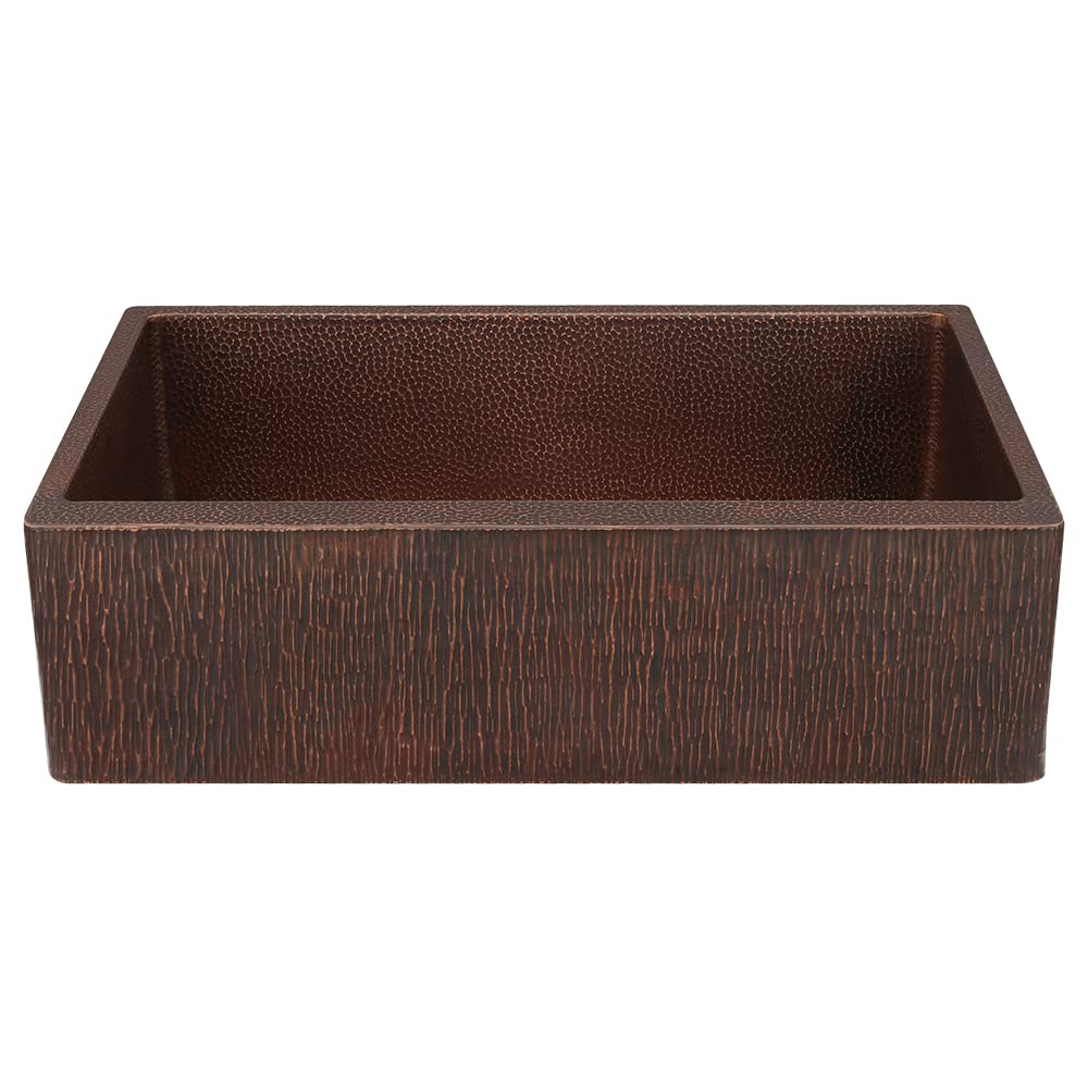 33" Randomly Hammered Copper Apron Front Single Basin Kitchen Sink w/Tree Texture