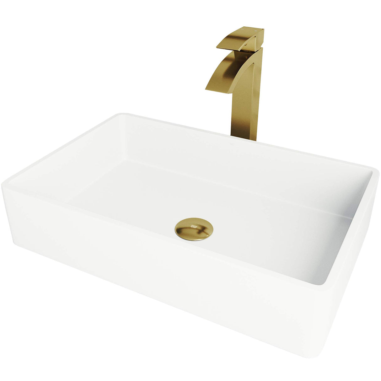 VIGO VGT1458 13.88" L -21.25" W -12.0" H Handmade Countertop White Matte Stone Rectangle Vessel Bathroom Sink Set in Matte White Finish with Faucet in Matte Brushed Gold and Pop Up Drain