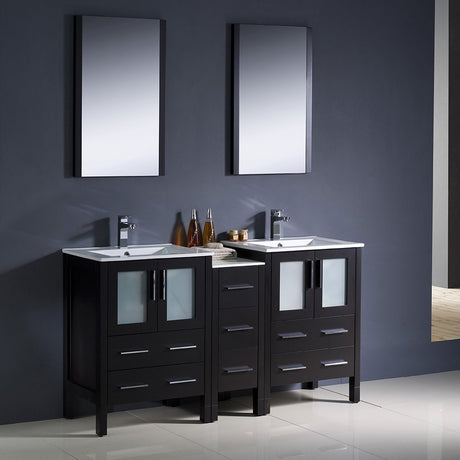 Fresca FVN62-241224ES-UNS Fresca Torino 60" Espresso Modern Double Sink Bathroom Vanity w/ Side Cabinet & Integrated Sinks