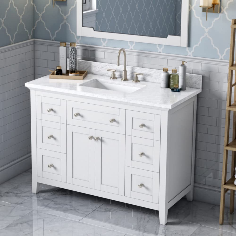 Jeffrey Alexander VKITCHA48WHWCR 48" White Chatham Vanity, White Carrara Marble Vanity Top, undermount rectangle bowl