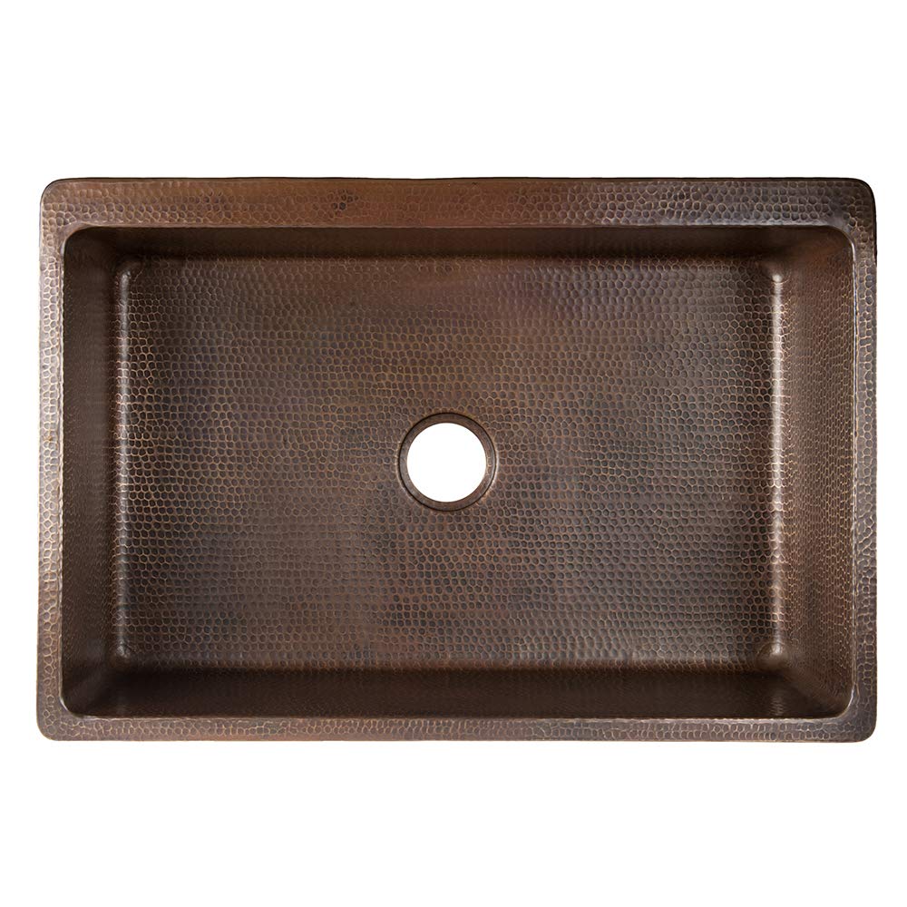 Premier Copper Products 33-Inch Hammered Copper Apron Front Single Basin Kitchen Sink w/ Scroll Design and Nickel Background