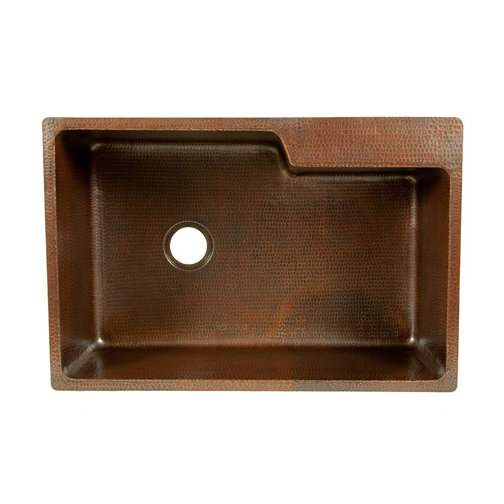 Premier Copper Products KSFDB33229 33-Inch Hammered Copper Kitchen Single Basin Sink with Space for Faucet, Oil Rubbed Bronze