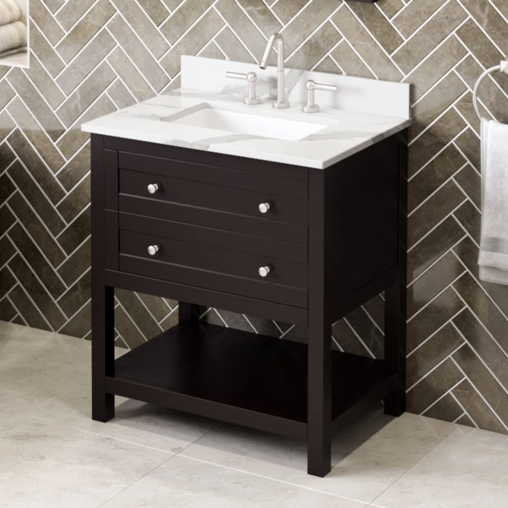 Jeffrey Alexander VKITAST30ESCQR 30" Espresso Astoria Vanity, Calacatta Vienna Quartz Vanity Top, undermount rectangle bowl