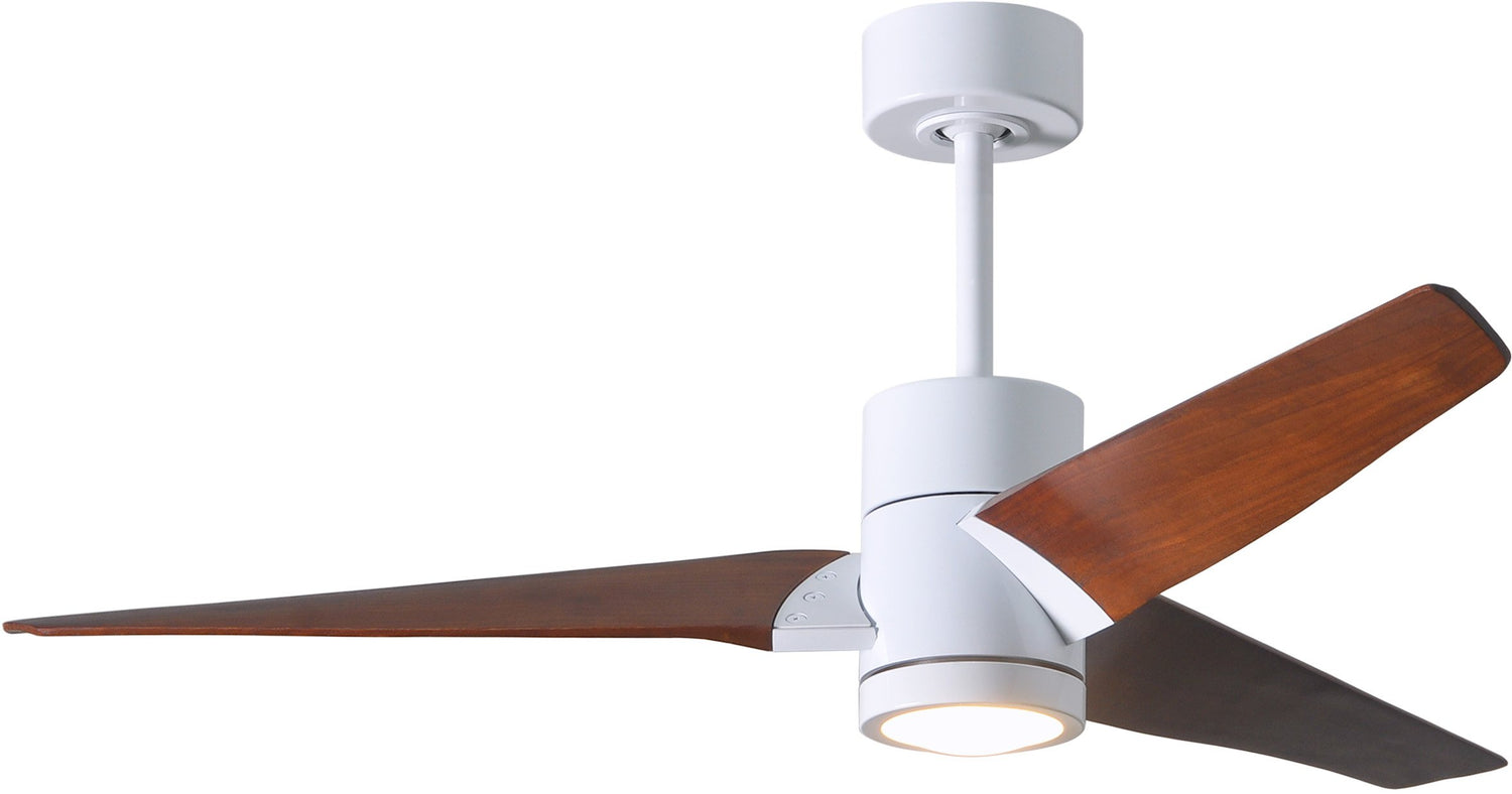 Matthews Fan SJ-WH-WN-52 Super Janet three-blade ceiling fan in Gloss White finish with 52” solid walnut tone blades and dimmable LED light kit