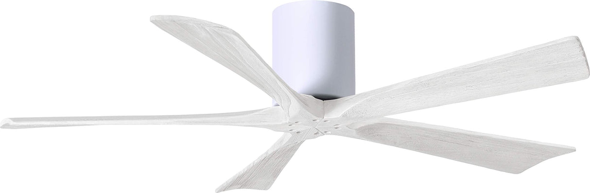 Matthews Fan IR5H-WH-MWH-52 Irene-5H five-blade flush mount paddle fan in Gloss White finish with 52” solid matte white wood blades. 