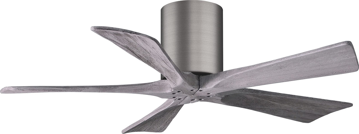 Matthews Fan IR5H-BP-BW-42 Irene-5H five-blade flush mount paddle fan in Brushed Pewter finish with 42” solid barn wood tone blades. 