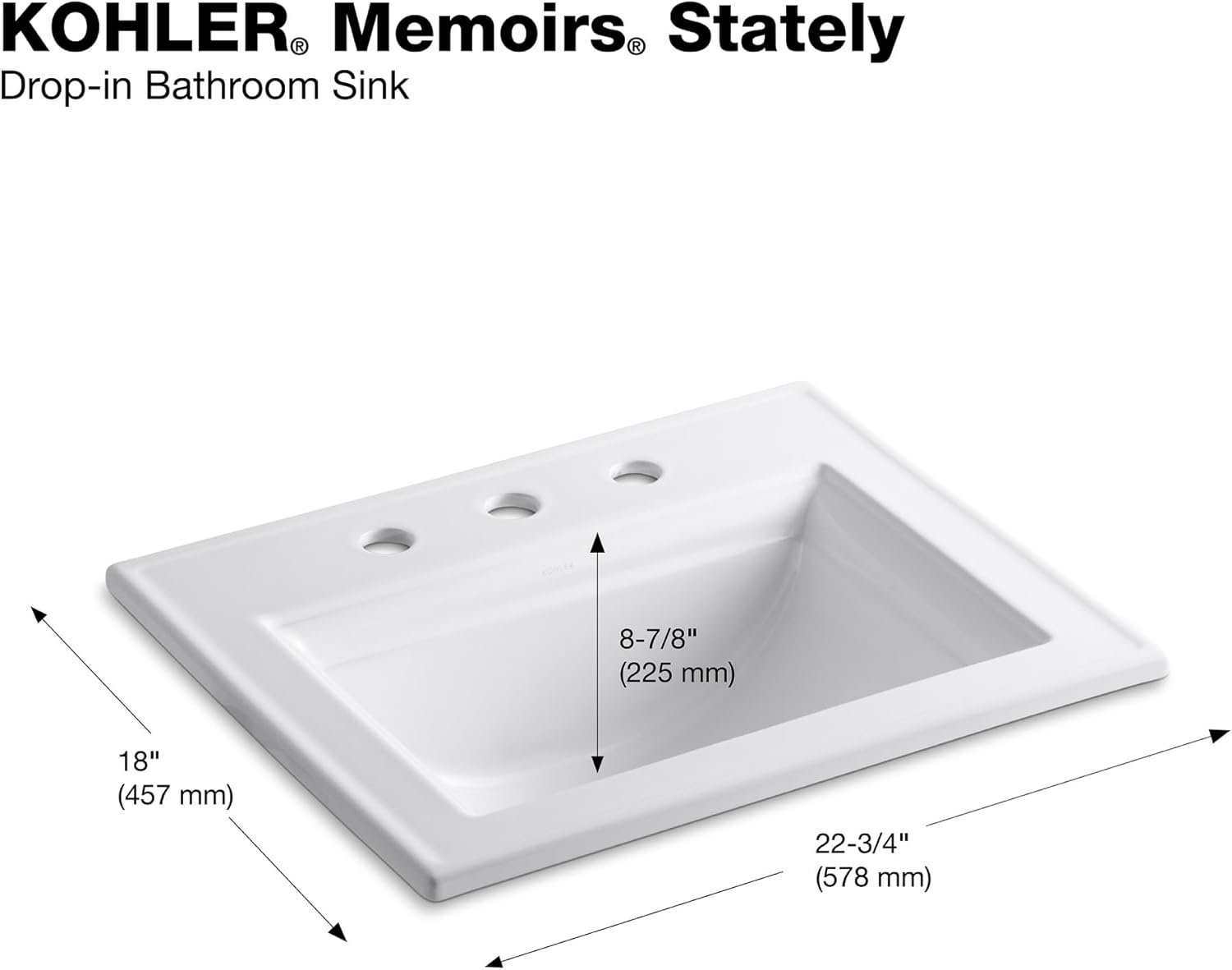 KOHLER K-2337-8-17 Memoirs Stately Rectanglar Drop in Bathroom Sink, 22 3/4", White