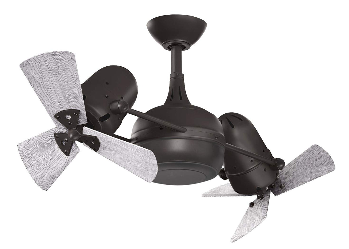 Matthews Fan DG-TB-WDBW Dagny 360° double-headed rotational ceiling fan in Textured Bronze finish with solid barn wood blades.