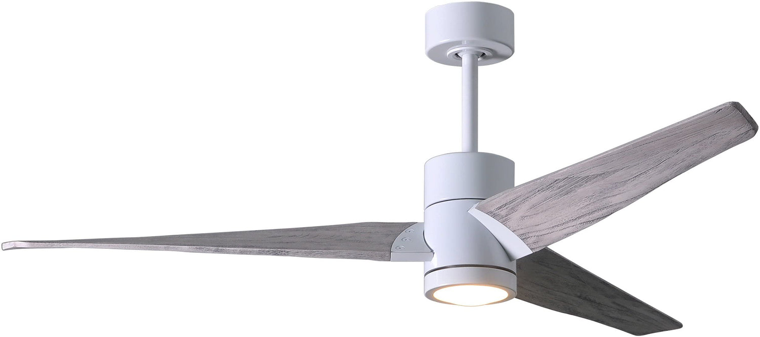 Matthews Fan SJ-WH-BW-52 Super Janet three-blade ceiling fan in Gloss White finish with 52” solid barn wood tone blades and dimmable LED light kit