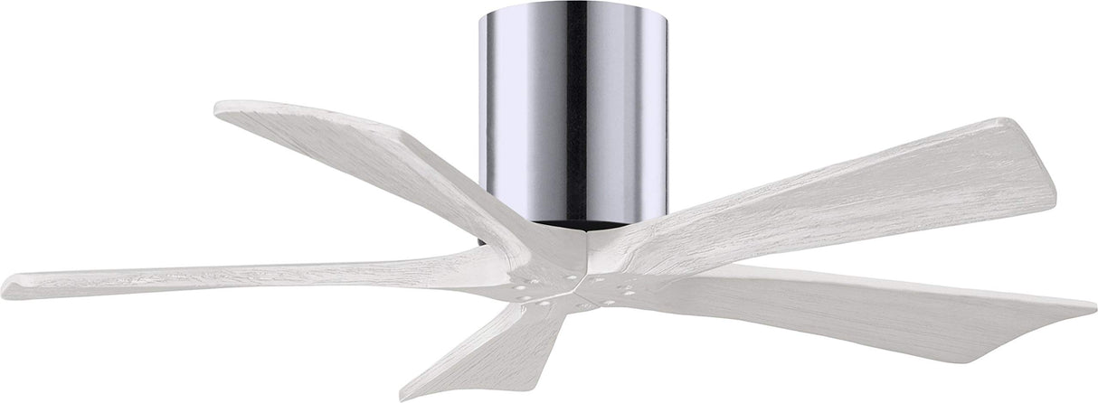 Matthews Fan IR5H-CR-MWH-42 Irene-5H five-blade flush mount paddle fan in Polished Chrome finish with 42” solid matte white wood blades. 
