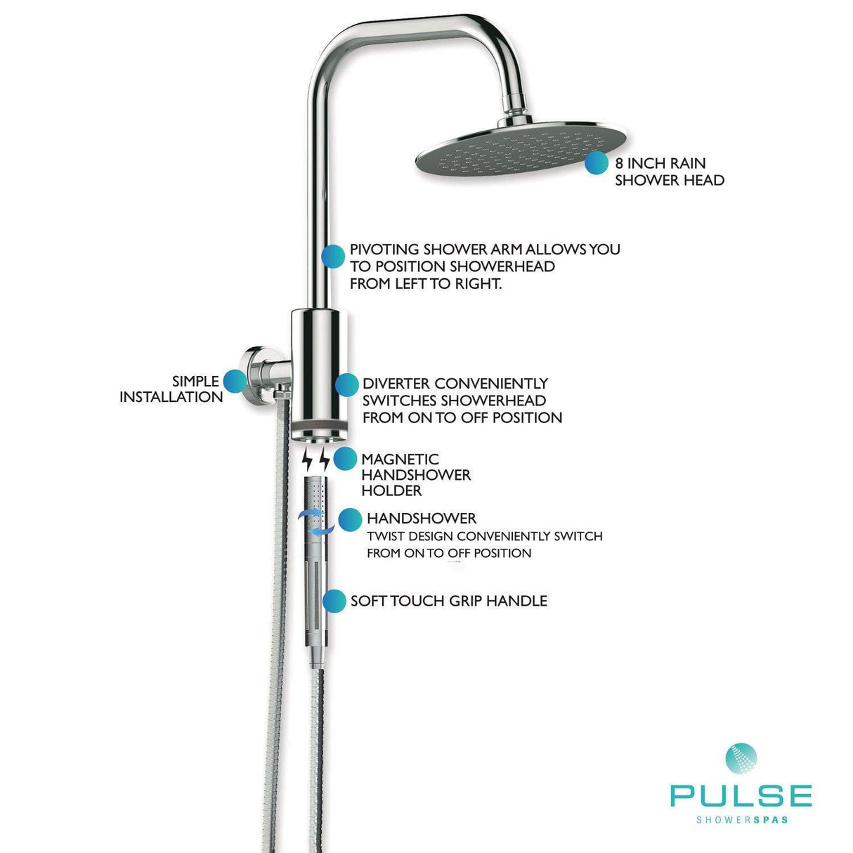 PULSE ShowerSpas 1052-CH Aquarius Shower System with 8" Rain Showerhead and Magnetic Attached Hand Shower with On/Off, Polished Chrome