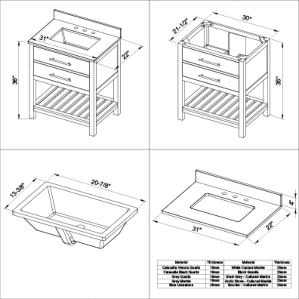 Jeffrey Alexander VKITWAV30WHBGR 30" White Wavecrest Vanity, Black Granite Vanity Top, undermount rectangle bowl