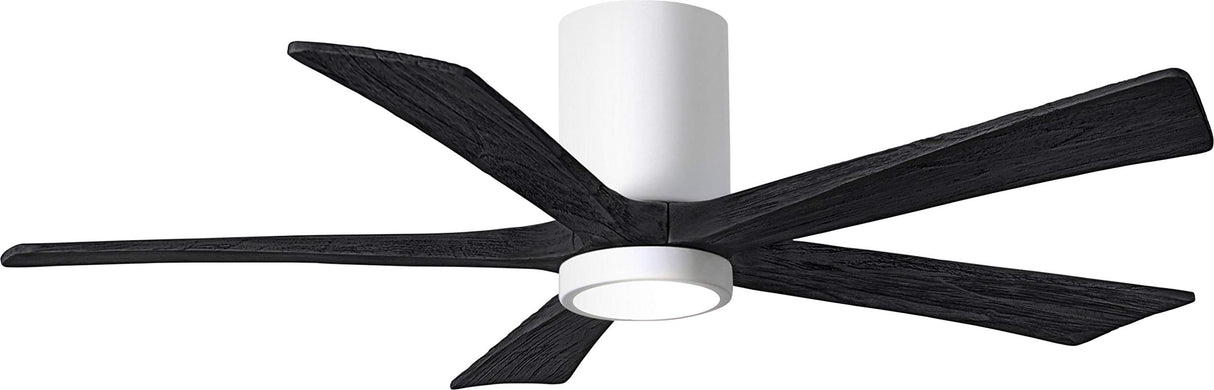 Matthews Fan IR5HLK-WH-BK-52 IR5HLK five-blade flush mount paddle fan in Gloss White finish with 52” solid matte black wood blades and integrated LED light kit.