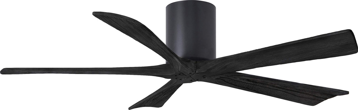 Matthews Fan IR5H-BK-BK-52 Irene-5H five-blade flush mount paddle fan in Matte Black finish with 52” solid matte black wood blades. 