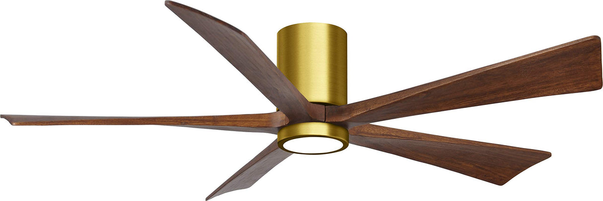 Matthews Fan IR5HLK-BRBR-WA-60 IR5HLK five-blade flush mount paddle fan in Brushed Brass finish with 60” solid matte white wood blades and integrated LED light kit.