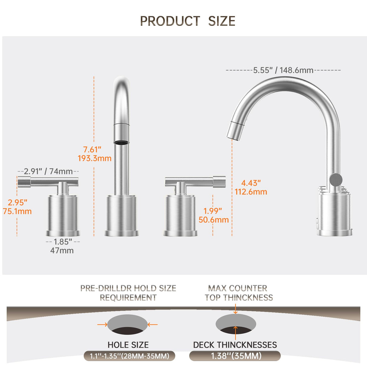 8-Inch Three-Hole Bathroom Faucet with Pull-Down Sprayer, Widespread Design, Metal Pop-Up Drain, Water Supply Lines, and Two Handles