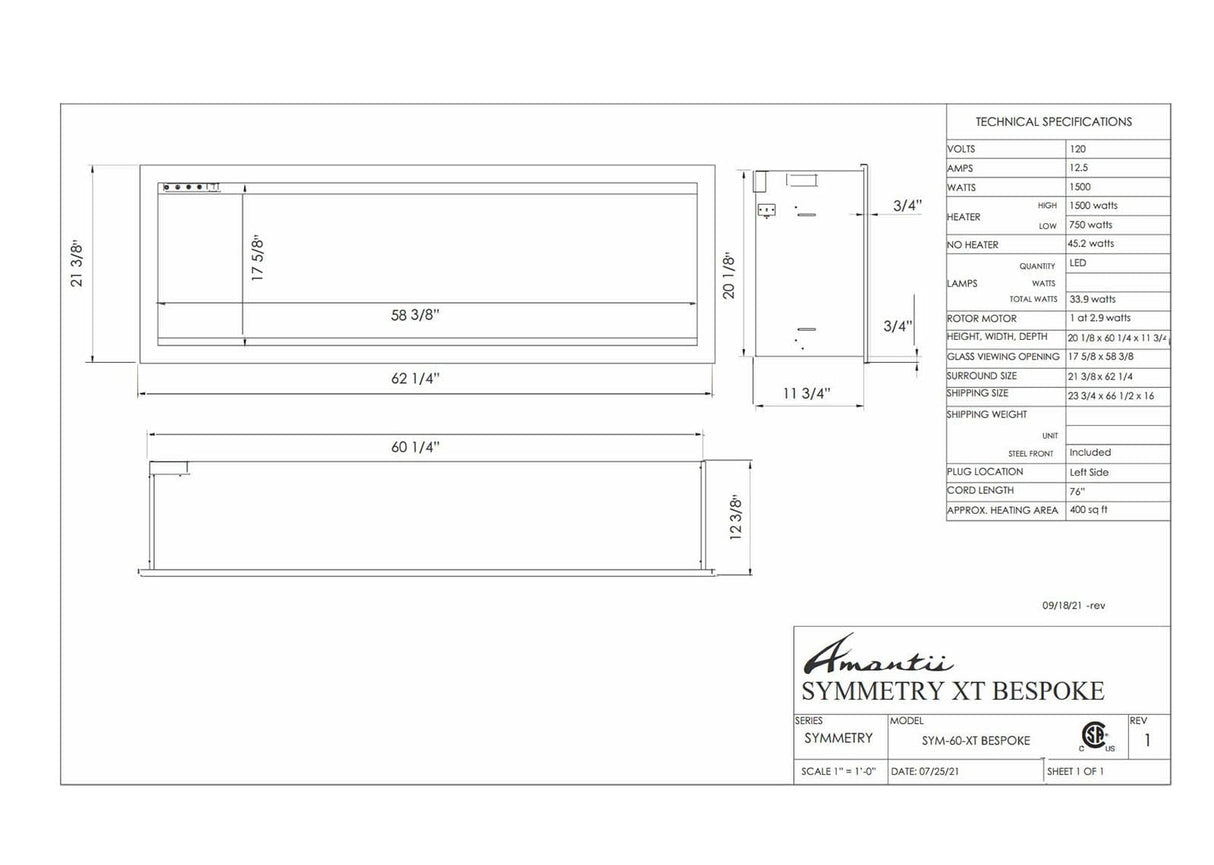Amantii SYM-60-XT-BESPOKE Symmetry Xtra Tall Bespoke - 60" Indoor / Outdoor Electric Built In featuring, WiFi Compatibilty & Bluetooth Connectivity, MultiFunction Remote, and a Selection of Media Options