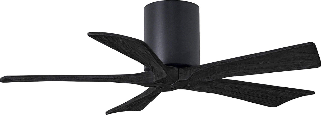 Matthews Fan IR5H-BK-BK-42 Irene-5H five-blade flush mount paddle fan in Matte Black finish with 42” solid matte black wood blades.