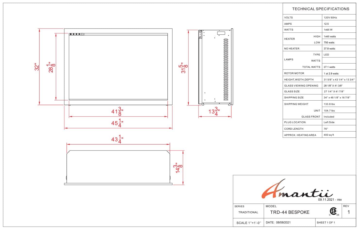 Amantii TRD-44-BESPOKE Traditional Bespoke - 44" Indoor / Outdoor Electric Insert Featuring, WiFi Compatibility, Bluetooth Connectivity, Multi Function Remote, and a Selection of Media Options