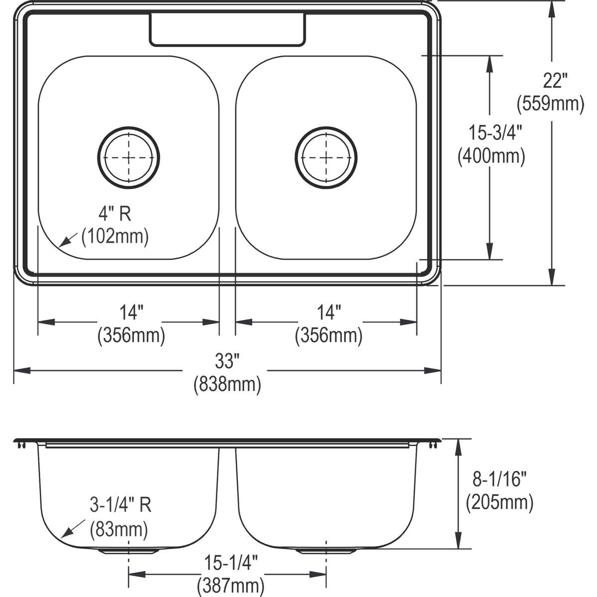 Elkay Dayton DSE233223 Equal Double Bowl Top Mount Stainless Steel Sink, 33 x 22