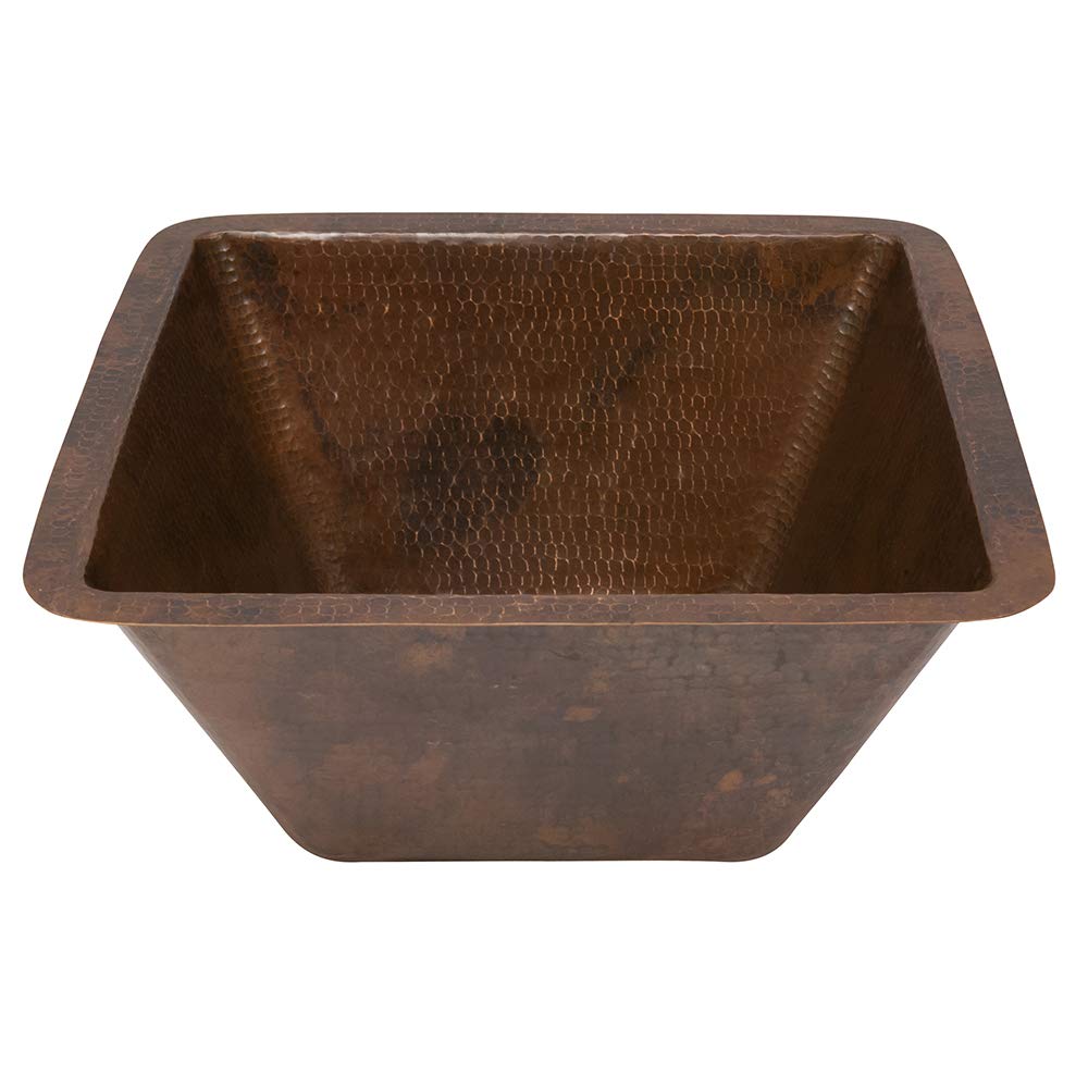 Premier Copper Products BS15DB3 15-Inch Universal Square Hammered Copper Sink With 3.5-Inch Drain Size, Oil Rubbed Bronze