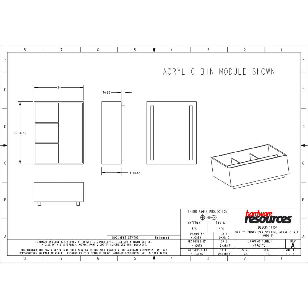 Hardware Resources VBPO-T01 Divided Acrylic Top Tray for Vanity Pullout