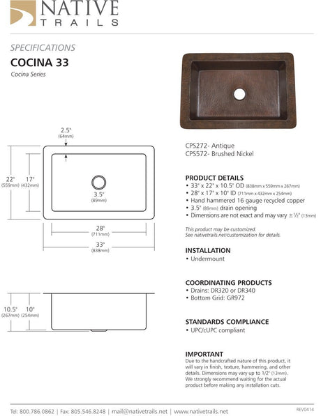 Native Trails CPS272 Cocina Grande Sink, Antique Finish