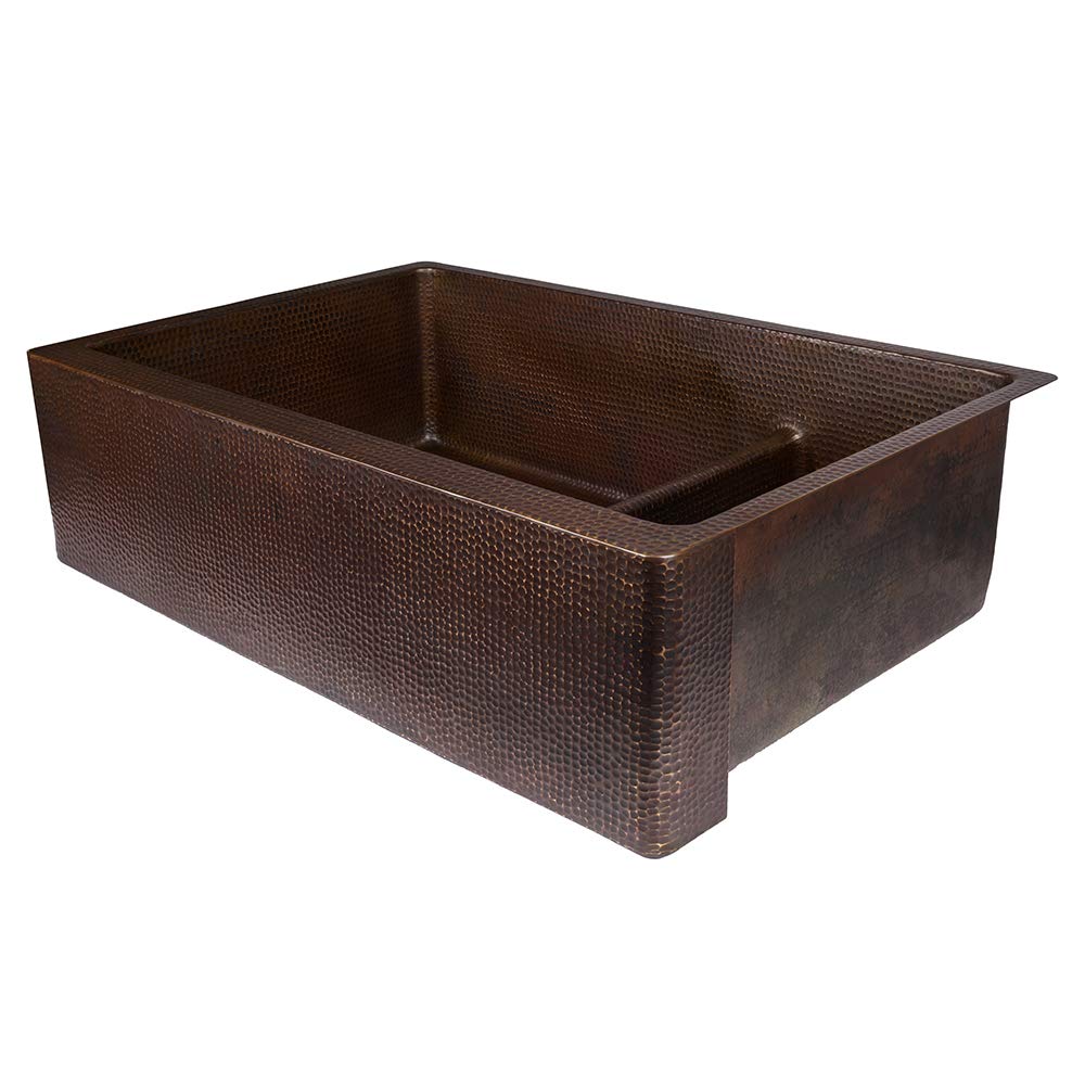 Premier Copper Products KA70DB33229-SD5 33-Inch Hammered Copper Kitchen Apron 70/30 Double Basin Sink with Short 5-Inch Divider…