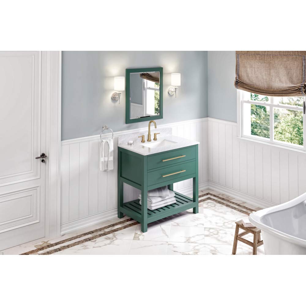 Jeffrey Alexander VKITWAV36GNWCR 36" Forest Green Wavecrest Vanity, White Carrara Marble Vanity Top, undermount rectangle bowl