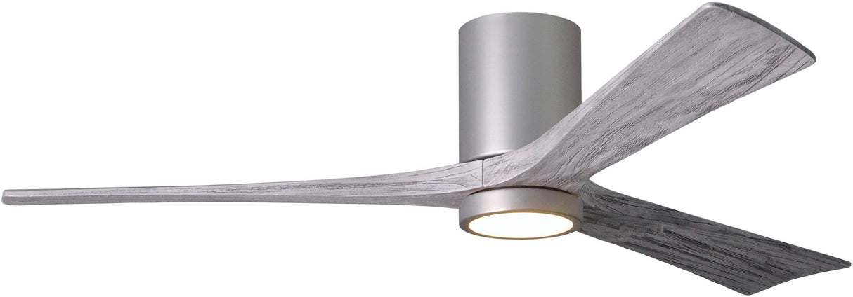 Matthews Fan IR3HLK-BN-BW-60 Irene-3HLK three-blade flush mount paddle fan in Brushed Nickel finish with 60” solid barn wood tone blades and integrated LED light kit.