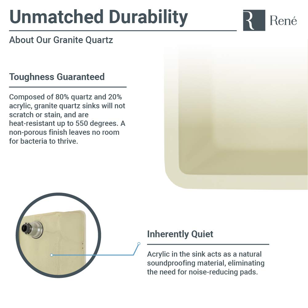 R3-1006-ECR-ST-CGS Ecru Single Bowl Undermount Quartz Granite Kitchen Sink with Grid and Matching Colored Strainer