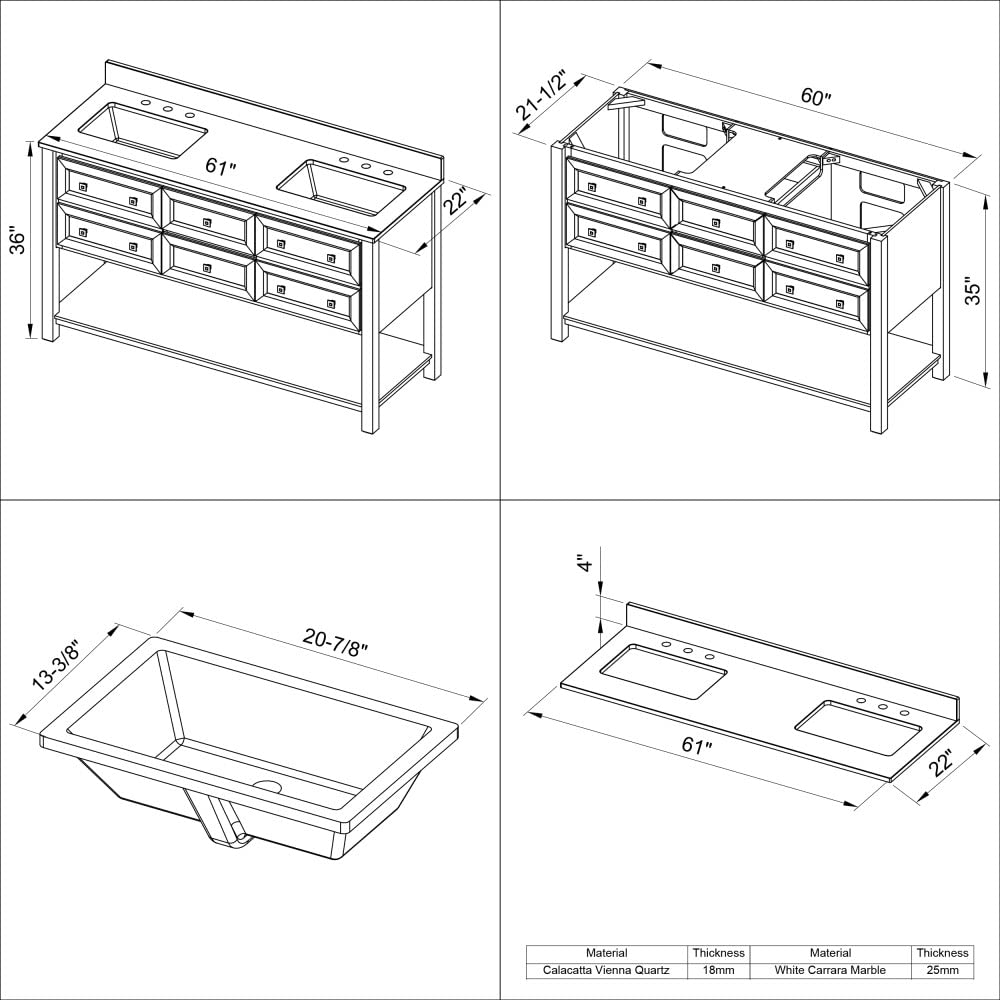 Jeffrey Alexander VKITADL60BKWCR 60" Black Adler Vanity, double bowl, White Carrara Marble Vanity Top, two undermount rectangle bowls