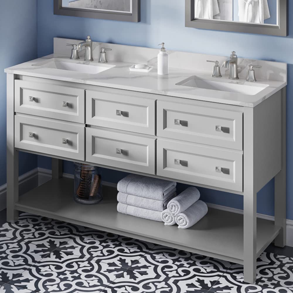 Jeffrey Alexander VKITADL60GRCQR 60" Grey Adler Vanity, double bowl, Calacatta Vienna Quartz Vanity Top, two undermount rectangle bowls