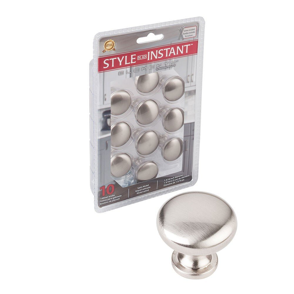 Elements 3910-SN-R 1-3/16" Diameter Satin Nickel Madison Retail Packaged Cabinet Mushroom Knob