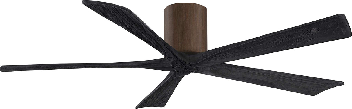 Matthews Fan IR5H-WN-BK-60 Irene-5H five-blade flush mount paddle fan in Walnut finish with 60” solid matte black wood blades. 