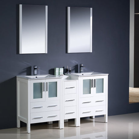 Fresca FVN62-241224WH-UNS Fresca Torino 60" White Modern Double Sink Bathroom Vanity w/ Side Cabinet & Integrated Sinks