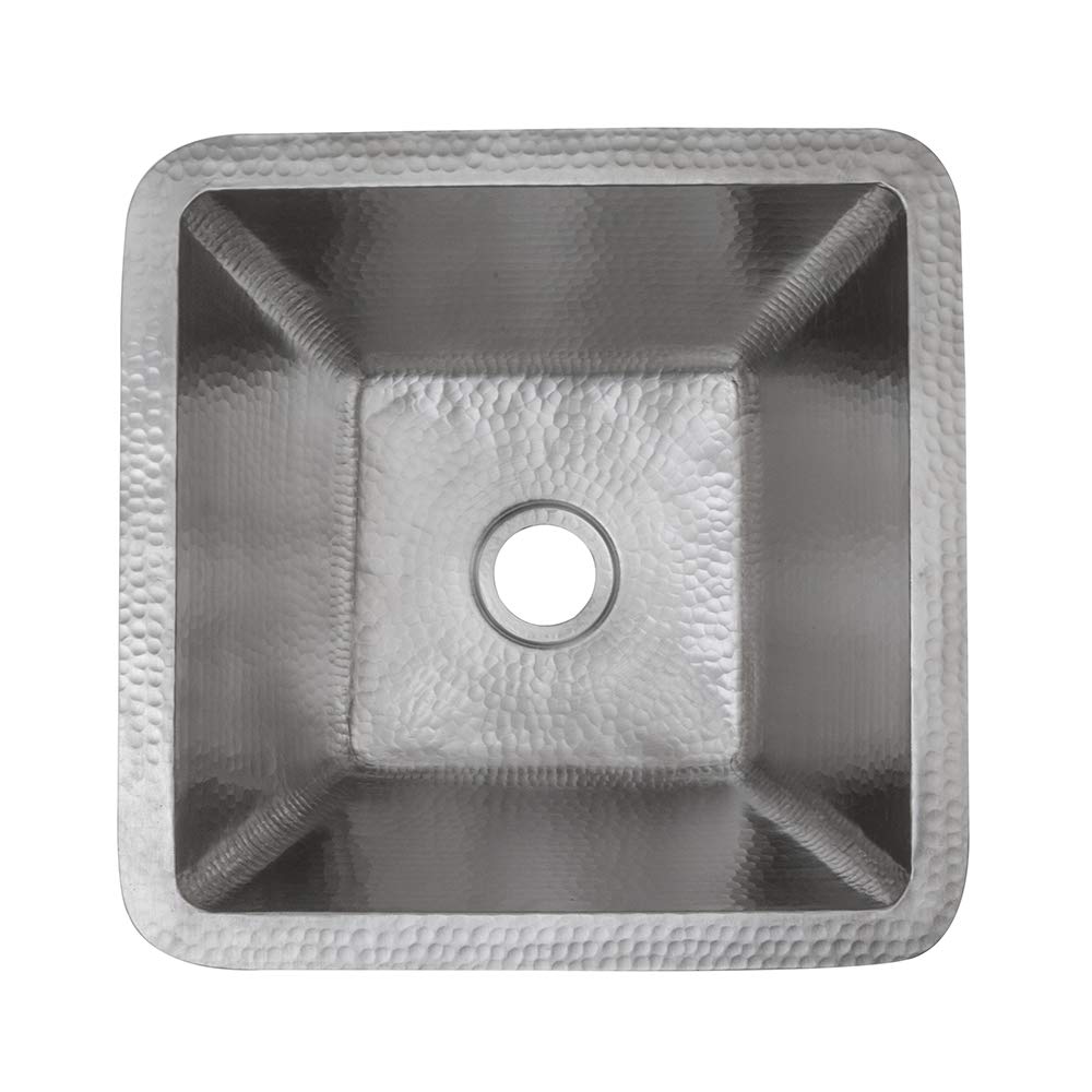Premier Copper Products BS15EN2 15-Inch Square Hammered Copper Bar/Prep Sink in Nickel w/ 2-Inch Drain Opening